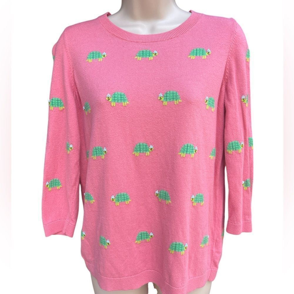 TALBOTS Women’s Pink Intarsia Knit Beaded Turtle Novelty Sweater 3/4 Sleeve,xsp